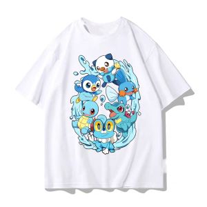 Bandai | Pokemon Anime Printed Short-sleeved T-shirt for Boys Summer Clothing with Pikachu Charmander and Squirtle Patterns Printed