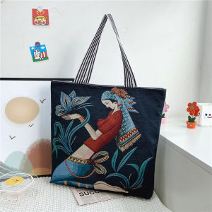 Ethnic Canvas Tote Bag Womens Single Shoulder Bag Ancient Handbag Commuter Bag Retro Tot Tote Bag Soft Polyester Lining