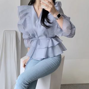 COD Alisa.Sonya High Quality Womens Korean style tops ruffle edge flared sleeve cross V-neck tie up waist double layer long sleeves flounce bottom women blouses