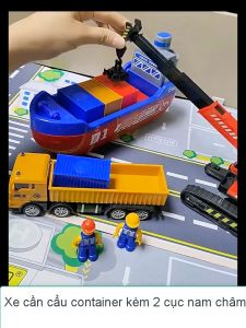 Đồ chơi mô hình xe cẩu tự hành bánh xích kèm 2 thùng chứa hút nam châm