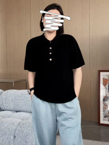 Loose Black Polo Neck Knitted Short Sleeve T-Shirt Womens Summer New Style plus Size Comfortable Slimming Inner Wear Top