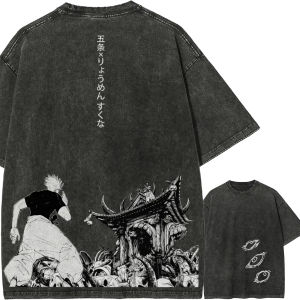 Bandai | Gojo Vs Sukuna T Shirt Jujutsu Kaisen Men Acid Wash Back Print Domain Anime Graphic Cotton Streetwear Vintage Bootleg Tee