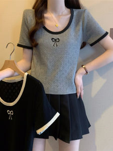 เสื้อยืดแขนสั้นผ้าไหมน้ำแข็งทรงบางสำหรับผู้หญิงไซส์ใหญ่ คอกลม ดีไซน์เก๋ไก๋ แฟชั่นฤดูร้อน เสื้อชั้นในสำหรับผู้หญิง