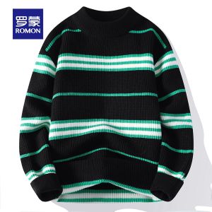 ROMON | Romon Mens Knitted Sweater Casual Loose Thickened Round Neck Winter Fashion Warm Striped Long Sleeve Youth Active Style