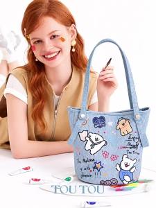 TOUTOU | Cartoon Doodle Tote Bucket Bag Large Capacity For Commuting Denim
