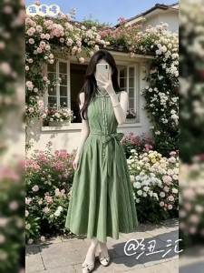 NIUVIES | Đầm Hè Mới Thiết Kế Phong Cách Pháp Xanh Không T Tay Sọc Accentuating Vòng Eo Dài