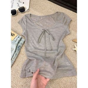 Slim Fit Short Sleeve T-Shirt Womens Summer New Style Waist Cinching Slimming Silk Lyocell High Waist Design Korean Style