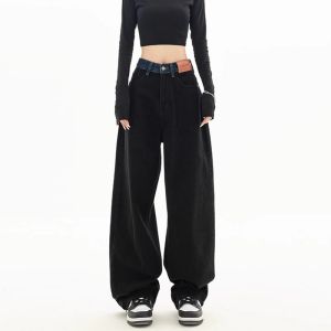Black Wide-Leg Denim Female Plus Size Ladies High Waist Loose Cover Slim Looking Pear-Shaped Figure plus Size Straight Mop Pants