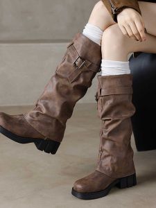 High-Tube Womens Boots with Belt Buckle Retro Style Fashionable Pile Boot Autumn Season round Toe Thick Heel Ultra-Fiber Material