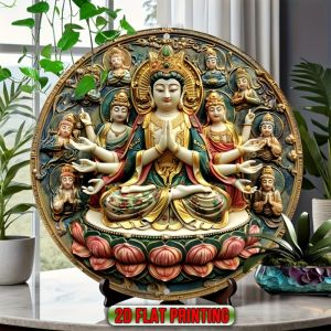 CIFbuy | Buddhist Metal Wall Art - 2D Vintage Tibetan Decor Green Gold Red Deity Plaque for Home Temple Meditation - Durable Aluminum Sp