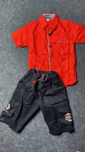 Stelan Baju Kemeja Anak & Celana Cargo Hitam Pendek Usia 1-12 Tahun