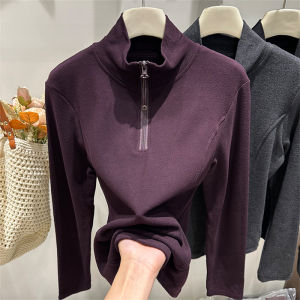 K-style Stand Collar Sweater Double-Sided Dralon Half Long-Sleeve Zipper T-shirt Female Fall and Winter Thermal Bottoming Shirt Inner Wear Blouse Fashion