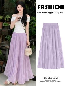 XIANYIJIAO | Chân Váy Xòe Dài Túi Xếp Pleats Màu Tím Đai Cao Giảm Béo