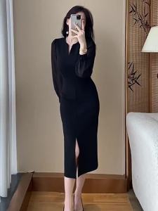 SUYE | Elegant Black Long-Sleeve Dress with Waist Cincher and Slit for Slimming and Stylish Look