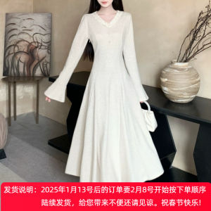 Fall Winter French Style V-Neck Knitted Dress Flared Sleeve Maxi Skirt Base Layer Solid Color Long Dress for plus Size Women