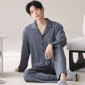 Miiow | Mens Pure Cotton Long Sleeve Sleepwear Cardigan Home Clothes Spring Autumn Style Casual Comfortable Breathable Pocket Design