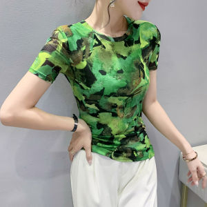 REHIN เสื้อยืดมัดย้อมมาใหม่ล่าสุดฤดูร้อนตาข่ายแขนสั้นเข้ารูปพอดีเสื้อยืดคอกลมยอดนิยมในสไตล์ยุโรปและอเมริกา บอดี้สูทหญิง