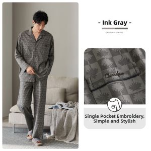 JIALEFEN | Mens Spring and Autumn Pure Cotton Long Sleeve Pajama Set