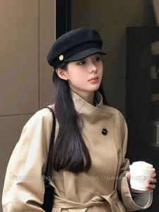 Naval Newsboy Beret Hat Womens Spring New Style Small Fragrance Wind Large Head Circumference Woolen Octagonal Hat Face Slimming