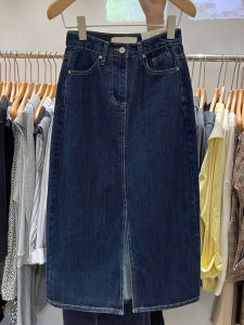 สีน้ําเงินเข้ม เดนิม กระโปรงยาวปานกลาง สูง เอว ทรงเอ สําหรับผู้หญิงรูปลูกแพร์กลาง ฤดูใบไม้ร่วง พลัสไซส์ เปิด ผ่าชาย กระโปรง S แฟชั่นผู้หญิง