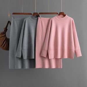 Autumn Winter Women Half High Neck Elegant Knit Sweater Top Pants 2-piece Set Long-sleeved Pullovers Casual Womens Clothing