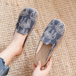 Handmade Linen Outdoor Slippers Womens Summer Half Slippers Grass Woven Ethnic Style Beijing Old School Flat Heel Rubber Sole