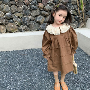 ชุดเดรสยาวคอปกปิดลูกไม้สไตล์เกาหลีสำหรับเด็กผู้หญิง แขนยาว ทรงกระโปรงจีบ ชุดเด็กผู้หญิงสไตล์เกาหลี ชุดกระโปรงเด็กผู้หญิง