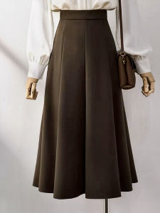 Caramel Woolen A-Line Mini Skirt Womens Spring Autumn New Style Retro Long High Waist Umbrella Skirt Commuter Work Skirt