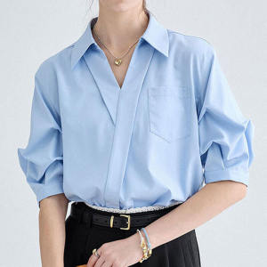 Kemeja Wanita Lengan Pendek Polos Kain Tipis Leher V Atasan Pakaian Kerja