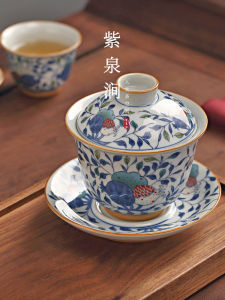 Vintage Blue And White Sancai Cover Bowl Tea Cup Single Brewing Cup Zhiquanjian Ceramic Hand-Painted Tea Set Diningware