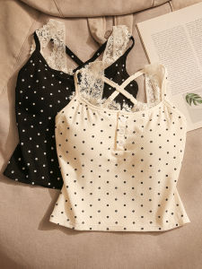 Áo Ba Lỗ Ren Kiểu Pháp Dây Chéo Áo Ngực in Họa Tiết Chấm Bi Ôm Vừa Vặn Đầm Hở Lưng Chất Liệu Polyester Áo Khoác Ngoài Mùa Thu