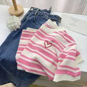 Pink Embroidered Striped Short Sleeve T-Shirt Summer New Style Slimming Womens Fashion Top Covering Meat Heart Pattern Cotton Polyester Blend