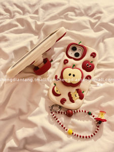 Cute Cartoon Red Apple Stand Silicone Phone Case for Apple 16 pro Max iPhone New Model 15 Creative 14 Stylish 13 High-End Womens Model 15 pro Max Soft Silicone Protective Case Chain