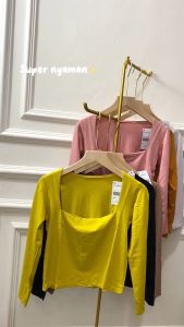 Atasan Kerah Kotak Lengan Panjang Wanita / Square Neck Top / Pakaian Wanita Spandek Rayon / Crop Top