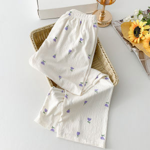 กางเกงนอนผ้าไหมคอตตอนลายหมาสุนัขสำหรับผู้หญิง กางเกงขายาวลำลองสำหรับใส่อยู่บ้านในฤดูใบไม้ร่วงและฤดูใบไม้ผลิ กางเกงเดินเล่นขนาดใหญ่สำหรับคุณแม่มีครรภ์