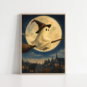 Vintage Cute Ghost Halloween Wall Art Pumpkin Witch Broom Moon Tea Party Canvas Posters Home Living Room Halloween Decor Unframe