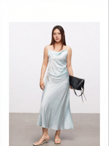 Ice Sunset Elegant Acetate Draped Hem Flared Waist Dress