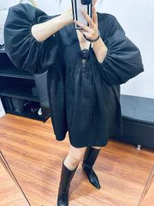 Dark Romantic Deep V Rose Chest Flower ตุ๊กตาแขนพอง กระโปรง ผู้หญิง เดรส ฤดูใบไม้ผลิ สไตล์ใหม่ ลำลอง เรียบหรู แฟชั่น