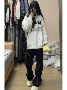 ลมสั่นสะเทือนของยุโรปและอเมริกา ซิป ดีไซน์ สัมผัสฝูงชนขนาดเล็ก กางเกงยีนส์ ผู้หญิง Ins อินเทรนด์ ยี่ห้อ High Street ฮิปฮอป หลวม กางเกงขายาว