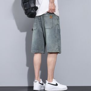 ROMON | Lormen Mens Denim Shorts Summer Thin Loose Outerwear Five-Quarter Elastic Ice Silk Casual Mid-Length Trendy Jeans