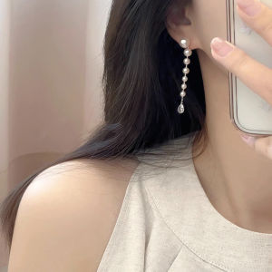 French Long Fringe Zircon Pearl Earrings S925 Silver Hooks