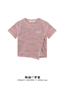 Dopamine Color Button Striped Short Sleeve Knitted T-Shirt Womens Short Style Korean Version Summer Commute Creative Pattern