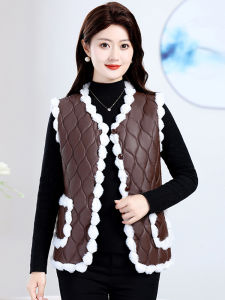 Fashion Mom Autumn and Winter PU Leather Fleece-lined Thickened Thermal Vest Cardigan Womens Loose Slimming outside Wear Waistcoat Vest