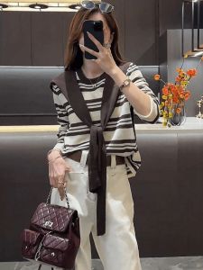 Áo Len Dệt Kim Kẻ Sọc Thời Trang Thường Ngày Cho Nữ Mùa Thu 2024 Áo Len Cổ Tròn Dài Tay Dáng Rộng Có Vai Áo Choàng Giảm Béo