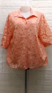 เสื้อลูกไม้สาวอวบ คนอ้วนเสื้อลูกไม้คอปกเชิ้ตอก48"ลายดอกใหญ่ลายแน่นๆอย่างดีติดกระดุม5เม็ดใส่ไปงานเลี้ยง