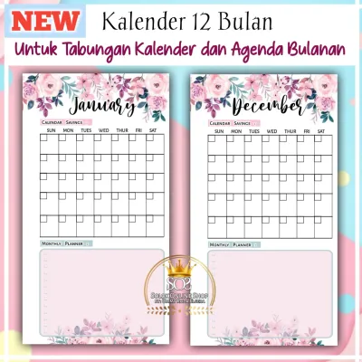 12 Lembar kertas Kalender tabungan & Agenda untuk binder A6-6ring