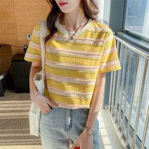 Summer New Color Block Stripe Womens T-shirt Short Sleeve Loose Slimming Top Youthful Design Korean Style round Neck Tee