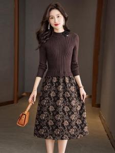 ชุดเดรสถักคอตตอนสีพื้นทรงเอเอวสูงสำหรับผู้หญิง ฤดูใบไม้ร่วง/ฤดูหนาว เสื้อเชิ้ตแขนยาวลายทาง กระโปรงทรงเอ ชุดเดรสผู้หญิง