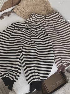 Childrens Striped Harlan Pants mid Waist Fleece Lined Casual Trousers Baby Autumn Winter Long Pants Korean Style Cotton Fabric