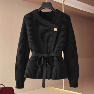 Red Knitted Open Cardigan Womens Autumn Winter Loose Fit Slimming Sweater with Waist-Cinching Belt Soft Comfortable Korean Style